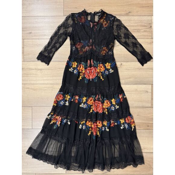 TopShop Black Lace Midi Dress 2 Floral Sheer Women’s Boho Whimsical - Picture 3 of 7